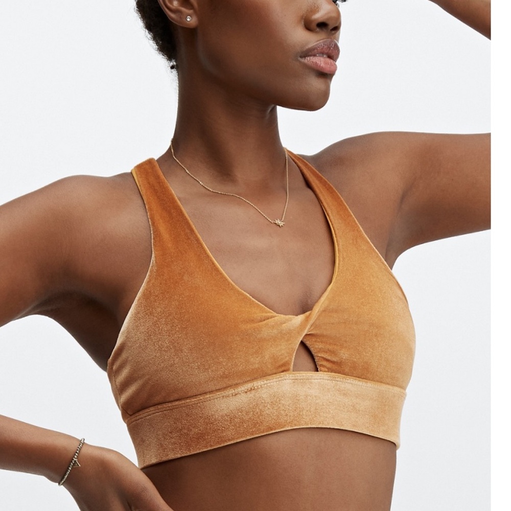 Fabletics gold velour cross front sports bra